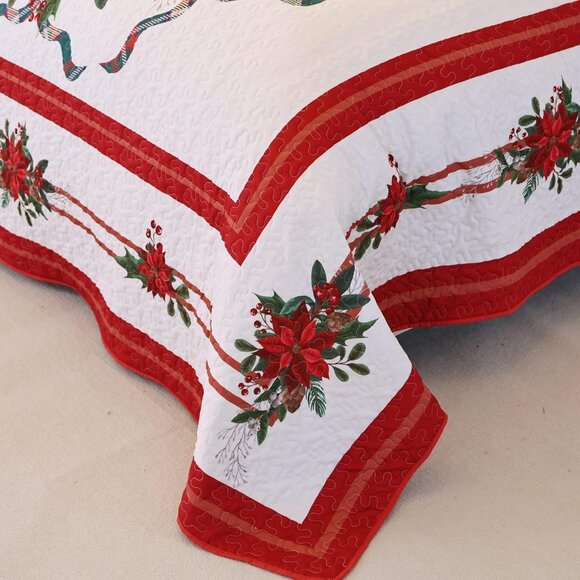 NEW! Quilt Christmas Theme Bedding Set with Pillow Shams Reversible Red Floral - Picture 6 of 8